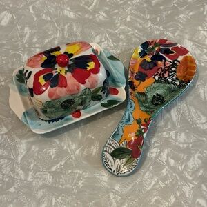 Anthropologie Amaryllis Butter Dish and Spoon Rest EUC